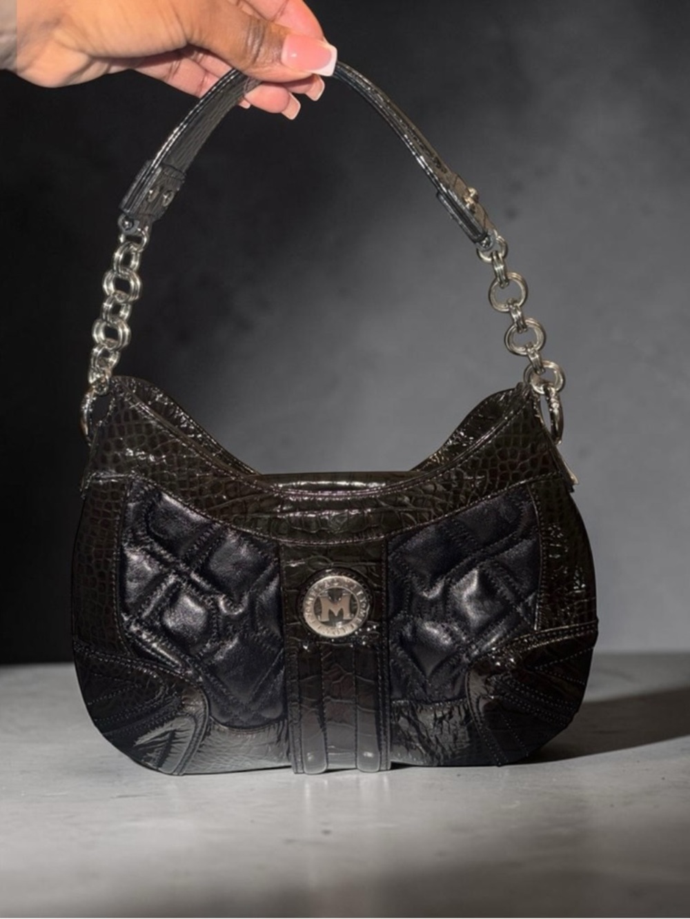 Metrocity Black Quilted Patent Leather Shoulder Bag Croc Embossed Chain Y2K